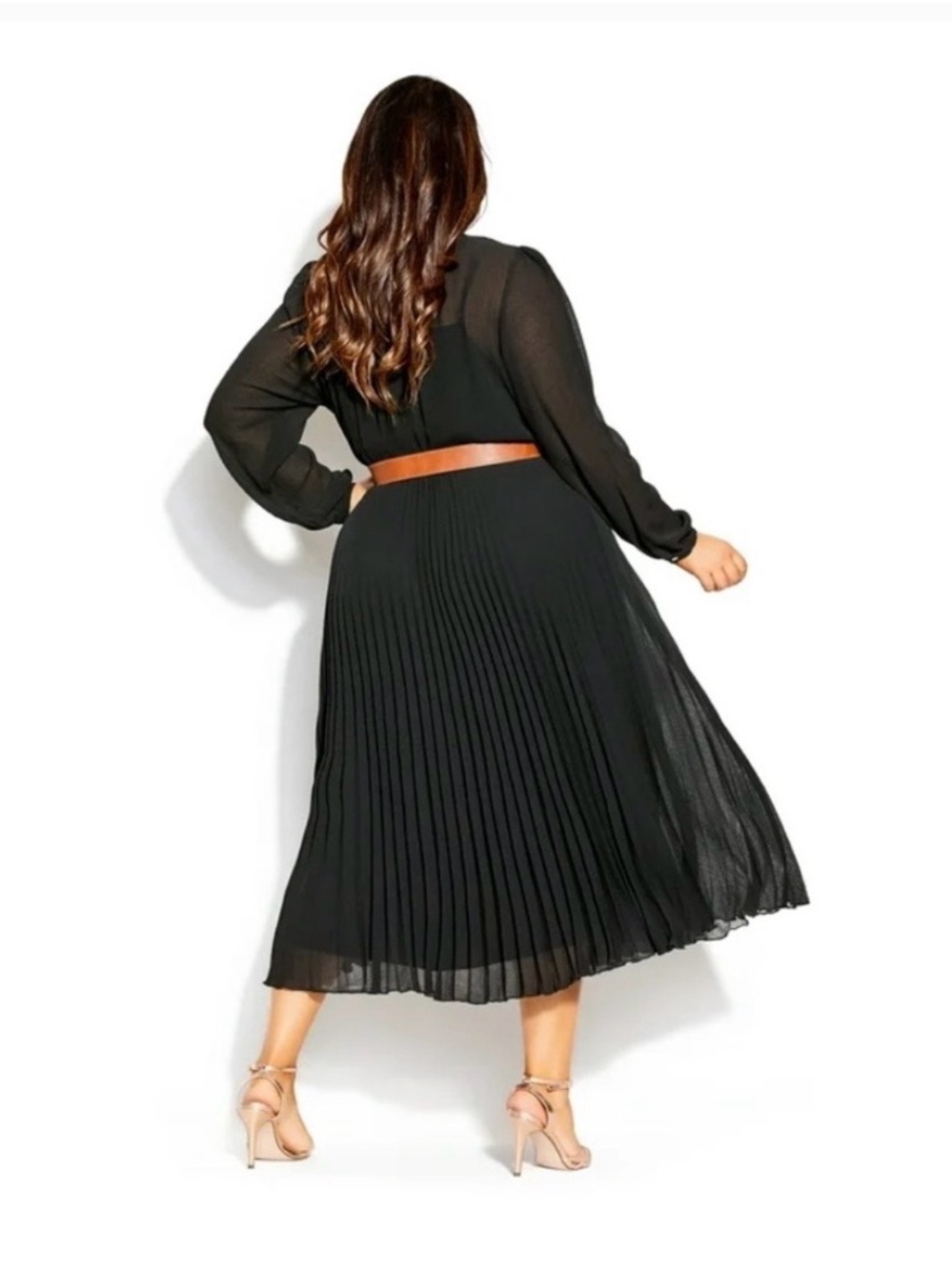 City Chic Black Dress - Sheer Top and Sleeves & Pleated Skirt, Brown Belt - Picture 14 of 14